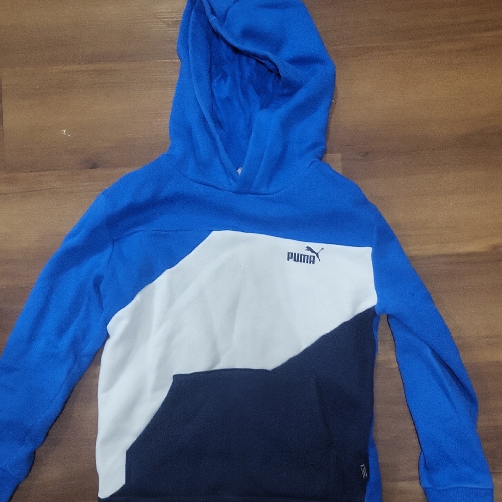 Puma Men's Blue, White, and Black Hoodie Sweater